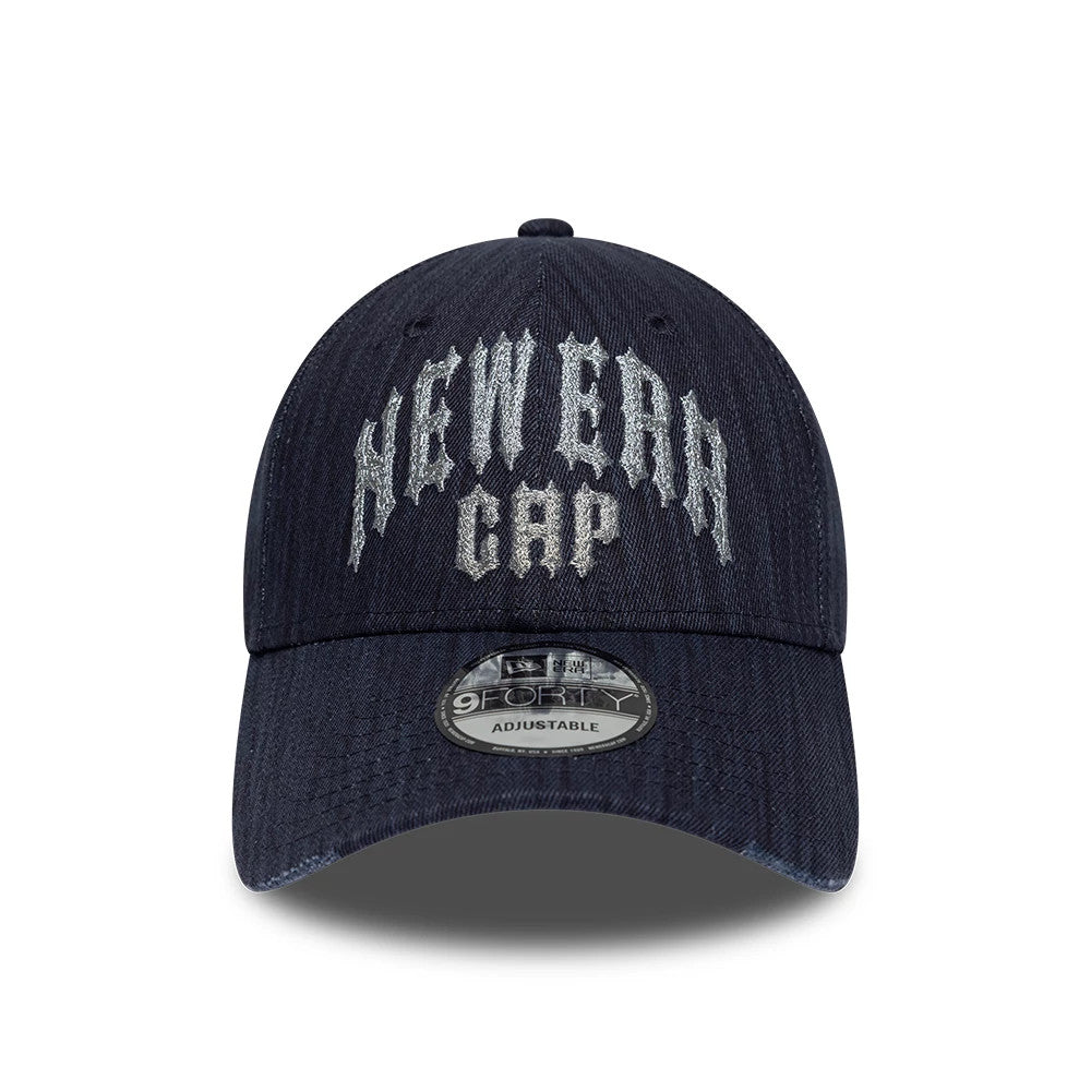 New Era Street Archived Navy New Era 9FORTY Adjustable Cap, front view showing grey raised embroidery of New Era Cap on the front panel, curved visor with 9FORTY size sticker and navy top button.