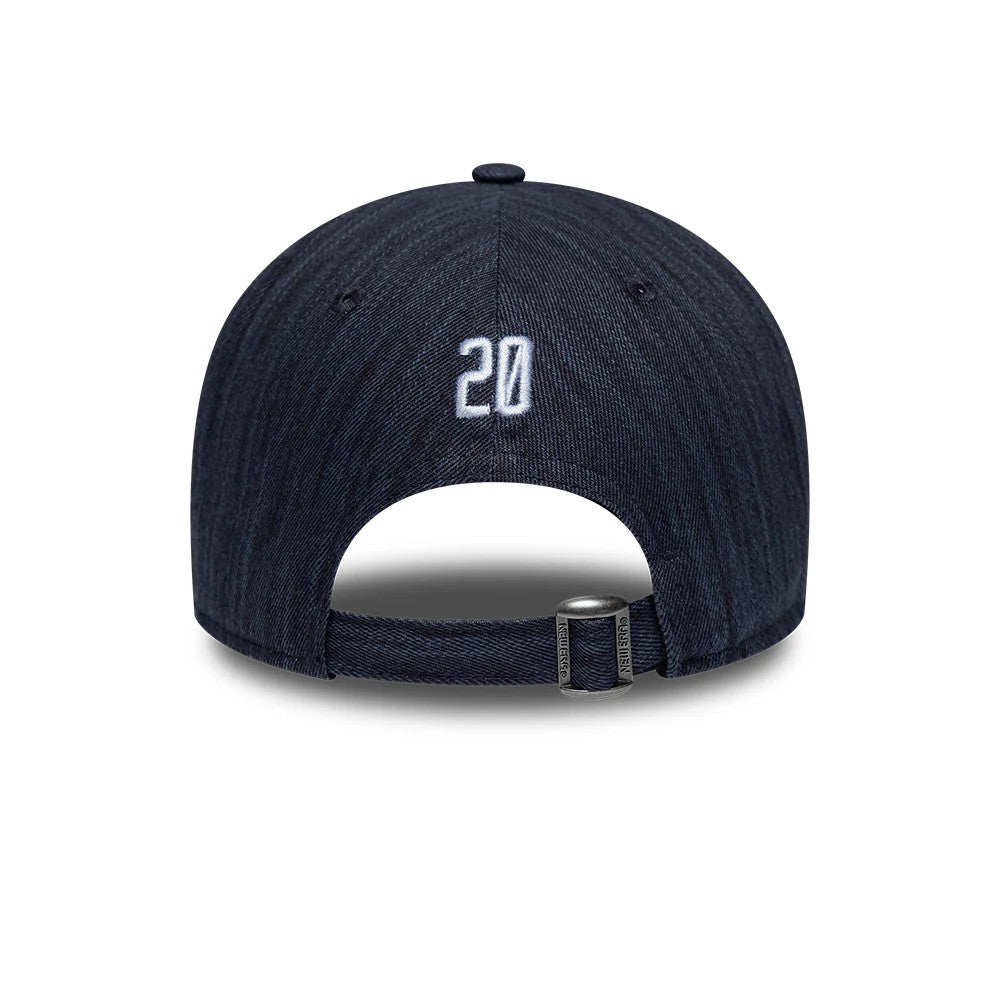 New Era Street Archived Navy 9FORTY Adjustable Cap, rear view showing the white embroidered number 20 centred on the navy fabric, with an adjustable strap featuring a metal buckle at the back.