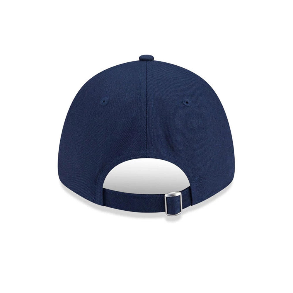 New Era Sakura Dark Blue 9FORTY Adjustable Cap, rear view showing the structured dark blue crown with a silver buckle strap and curved opening, without additional logos or embellishments on the back panels.