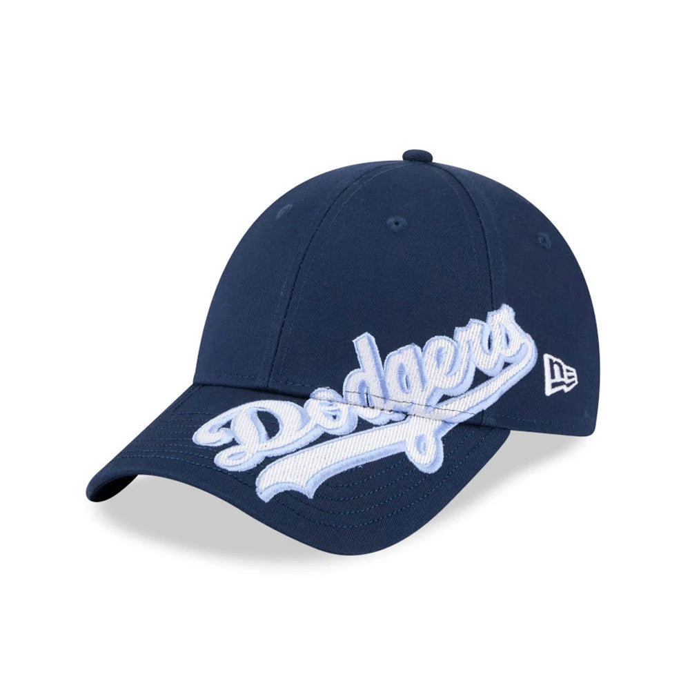 LA Dodgers MLB Mix League Dark Blue New Era 9FORTY Adjustable Cap, front view showing raised white Dodgers script logo embroidery across the front panel, with a curved visor and New Era flag logo on the left side.