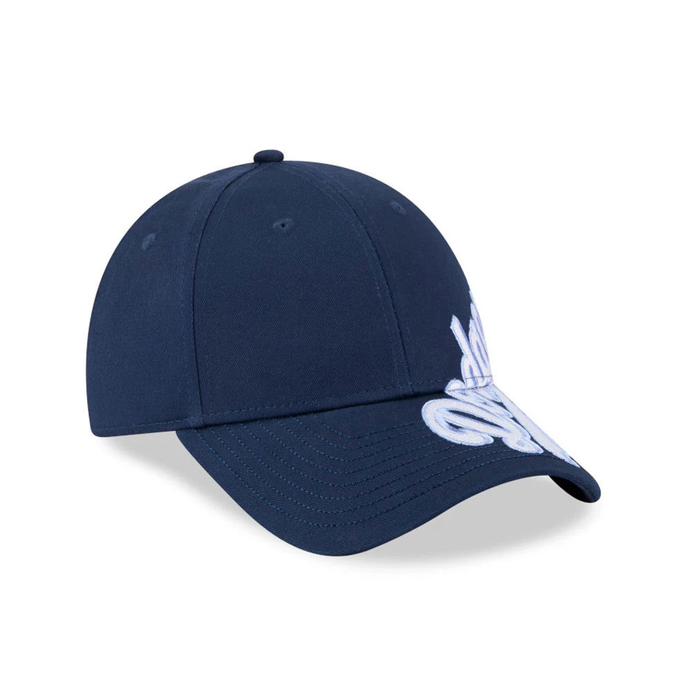 LA Dodgers MLB Mix League Dark Blue New Era 9FORTY Adjustable Cap, three-quarter view with the raised white embroidered LA logo on the dark blue front panels and curved visor, featuring matching eyelets and top button.