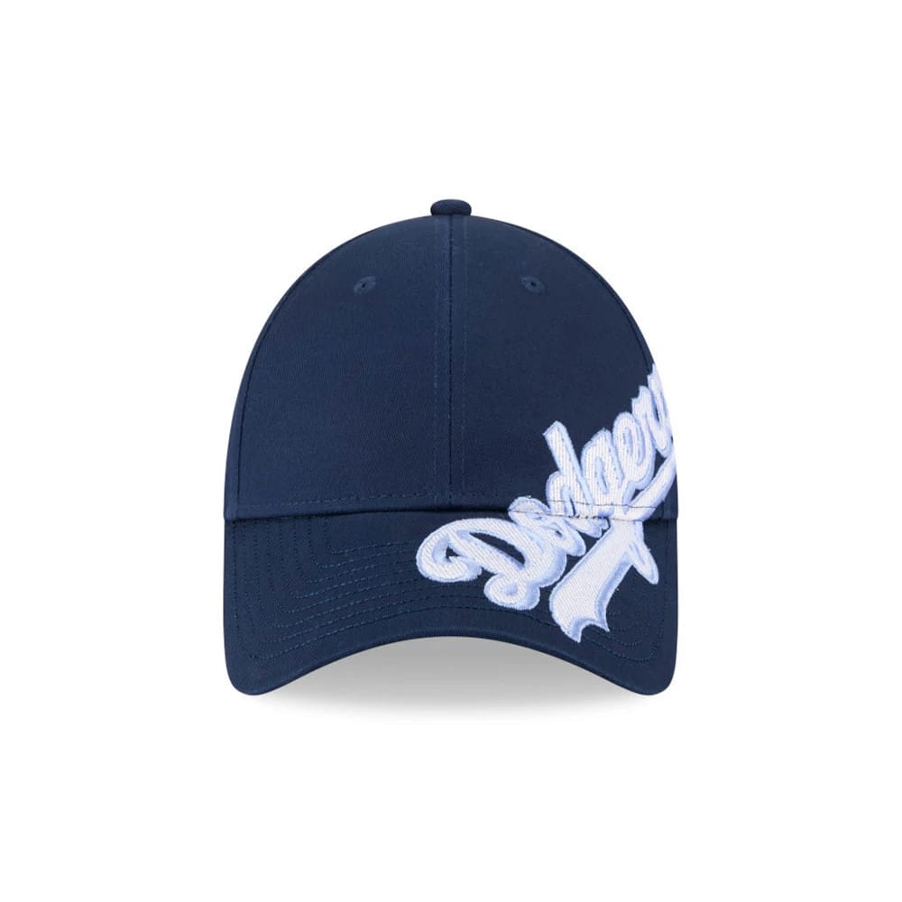 LA Dodgers MLB Mix League Dark Blue New Era 9FORTY Adjustable Cap, front view showing large white Dodgers script logo in raised embroidery across front panels, with matching dark blue visor.