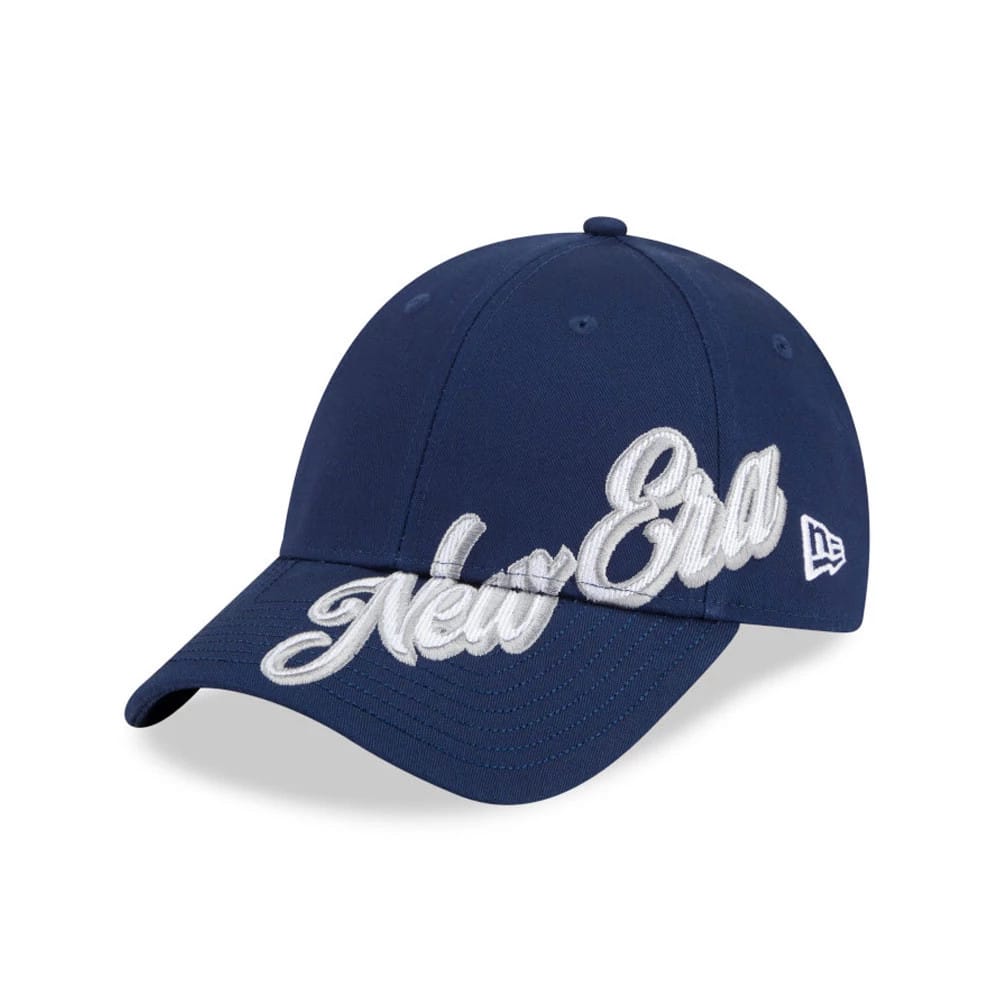 New Era Mix League Dark Blue New Era 9FORTY Adjustable Cap, front view showing the large white raised embroidery of the New Era script logo across the front panels and the curved visor, with the New Era flag logo on the left side.