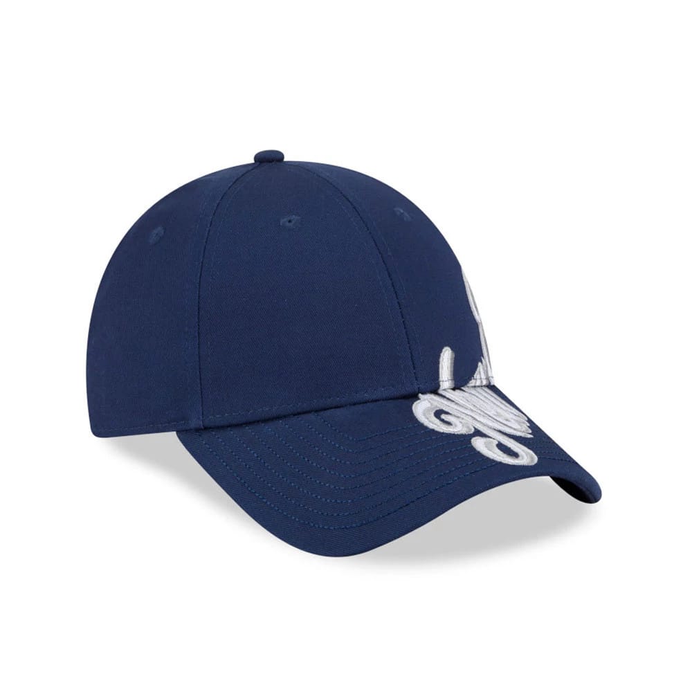 New Era Mix League Dark Blue New Era 9FORTY Adjustable Cap, three-quarter view showing a large white embroidered script logo on the front panel, with a curved visor and dark blue top button.