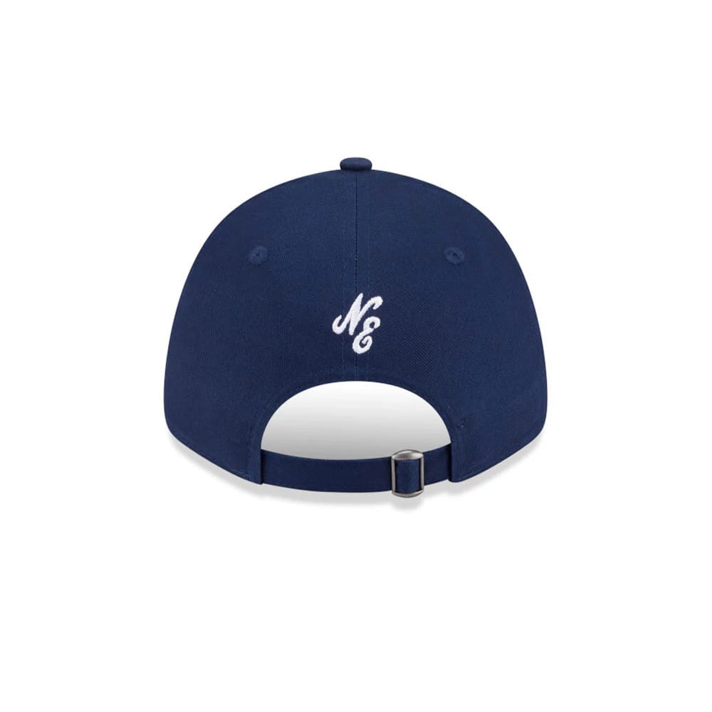 New Era Mix League Dark Blue 9FORTY Adjustable Cap, rear view showing the white embroidered NE logo on the centre of the dark blue crown, with an adjustable strap and buckle closure below.