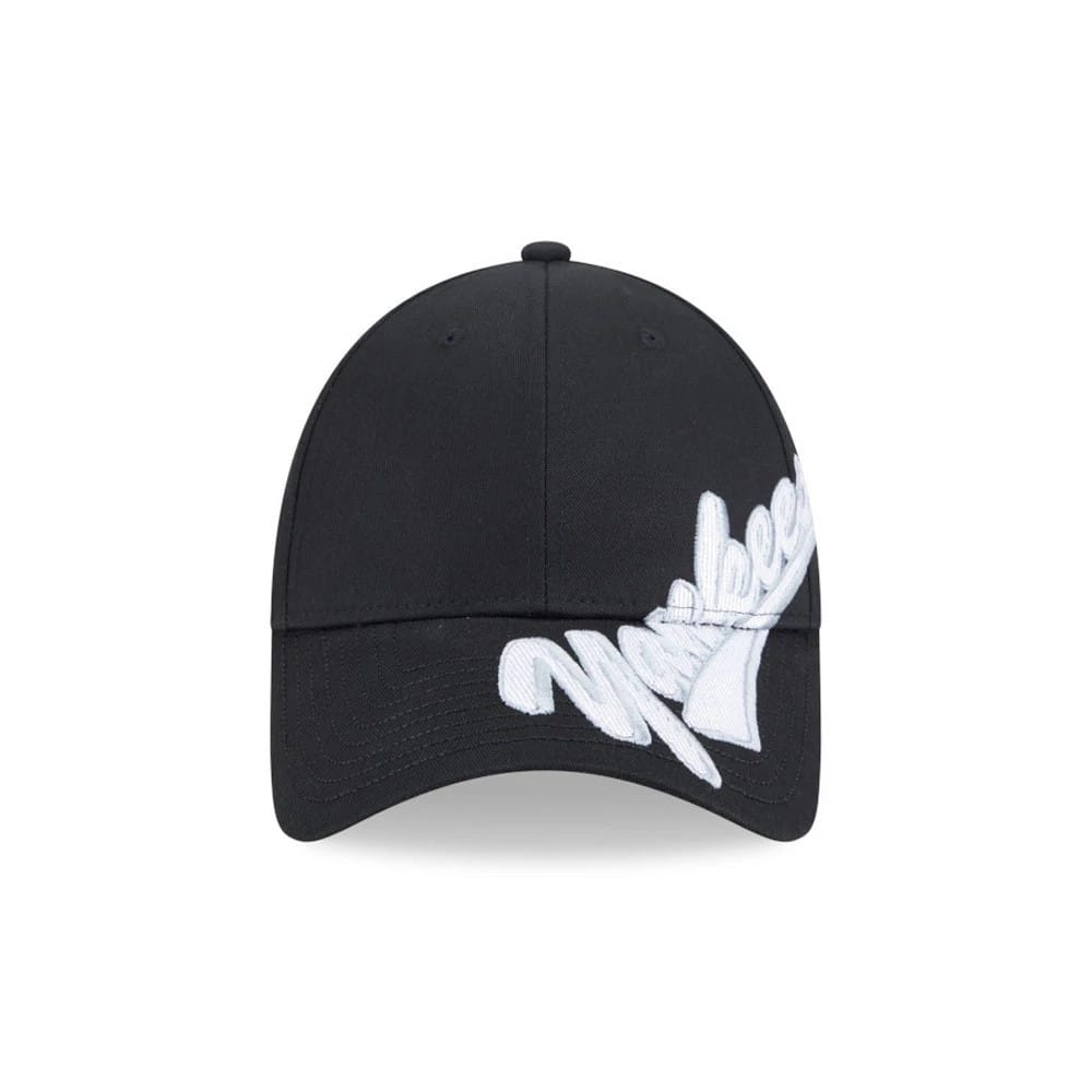 New York Yankees MLB Mix League Black New Era 9FORTY Adjustable Cap, front view showing the large white embroidered Yankees script logo across the front panels and extending onto the black curved visor.