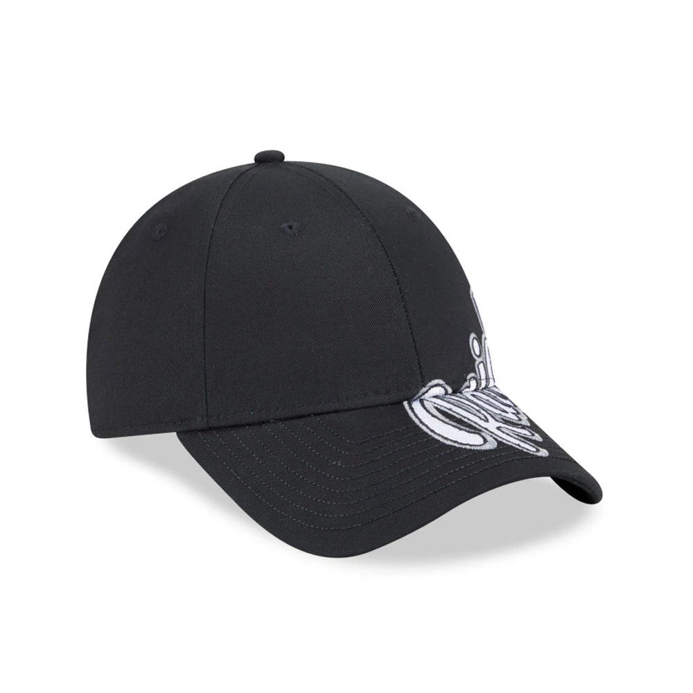 Las Vegas Raiders NFL Mix League Black New Era 9FORTY Adjustable Cap, side view with white raised embroidery of the Raiders script logo extending onto the curved black visor and a structured crown.