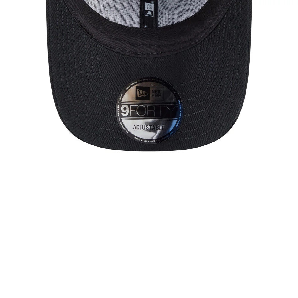 Las Vegas Raiders NFL Mix League Black New Era 9FORTY Adjustable Cap, inside view showing the black sweatband, grey taping featuring the New Era logo, and the 9FORTY size sticker on the underside of the visor.