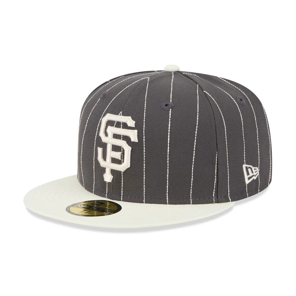 San Francisco Giants MLB Stripes Dark Grey New Era 59FIFTY Fitted Cap, front view showing the white embroidered SF logo on the structured crown with vertical stripes, cream visor and gold 59FIFTY size sticker.