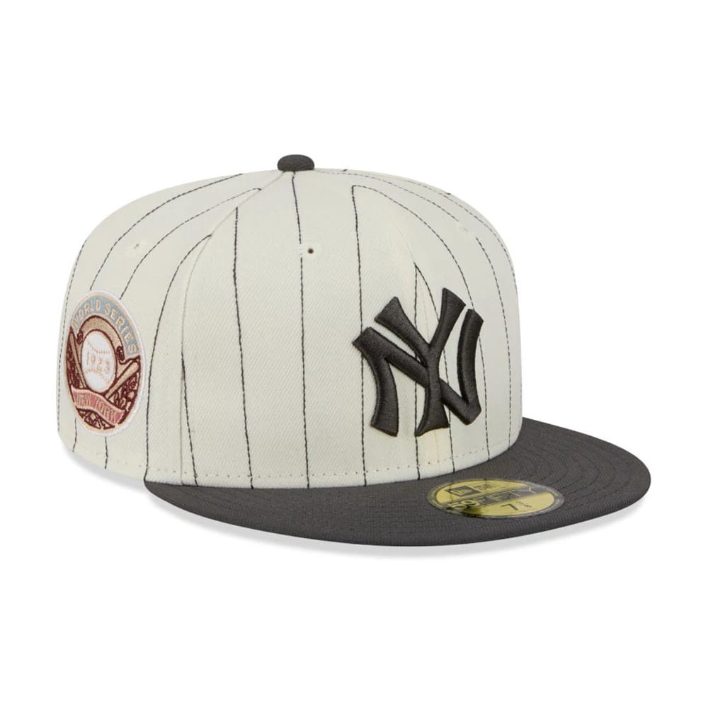 Pictured is this MLB Stripes New York Yankees 59FIFTY Fitted cap in cream & black. 1