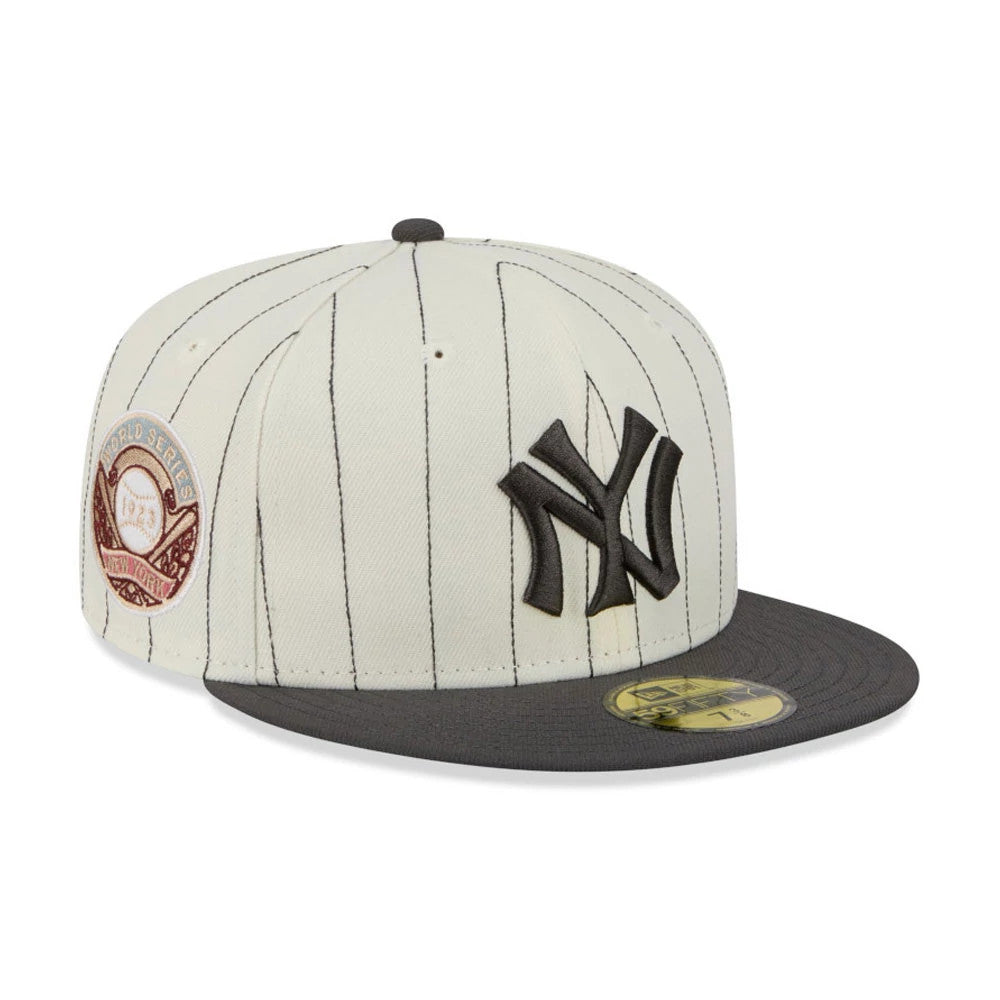 Pictured is this MLB Stripes New York Yankees 59FIFTY Fitted cap in cream & black. 1