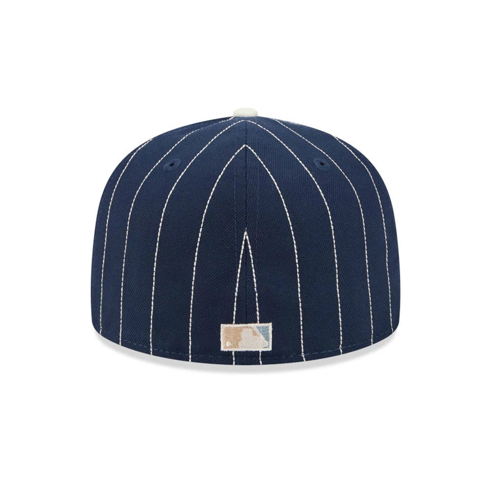 Detroit Tigers MLB Stripes Dark Blue New Era 59FIFTY Fitted Cap, rear view showing the MLB Batterman logo centred on the back panels, with a white striped pattern on the dark blue structured crown.