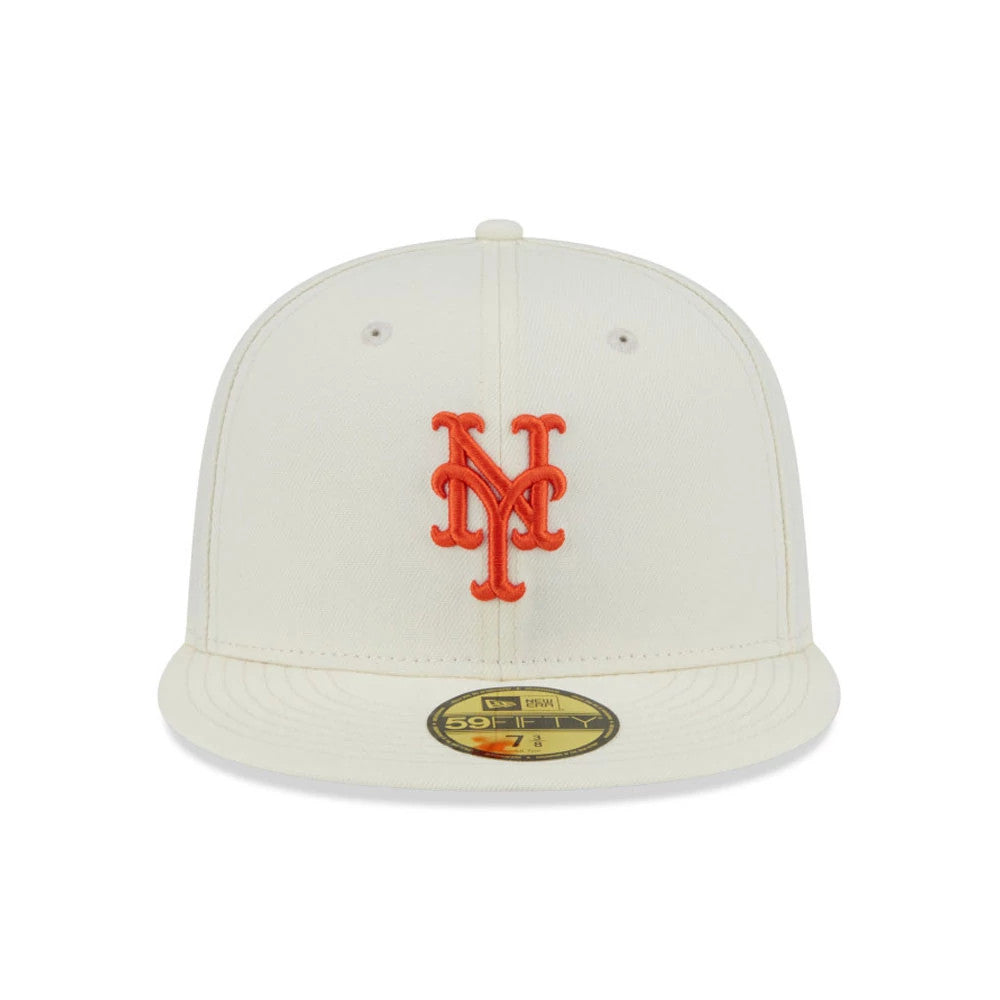 New York Mets MLB City Series White New Era 59FIFTY Fitted Cap, front view showing an orange embroidered NY logo on the structured white crown, with a flat white visor and gold 59FIFTY size sticker on top.