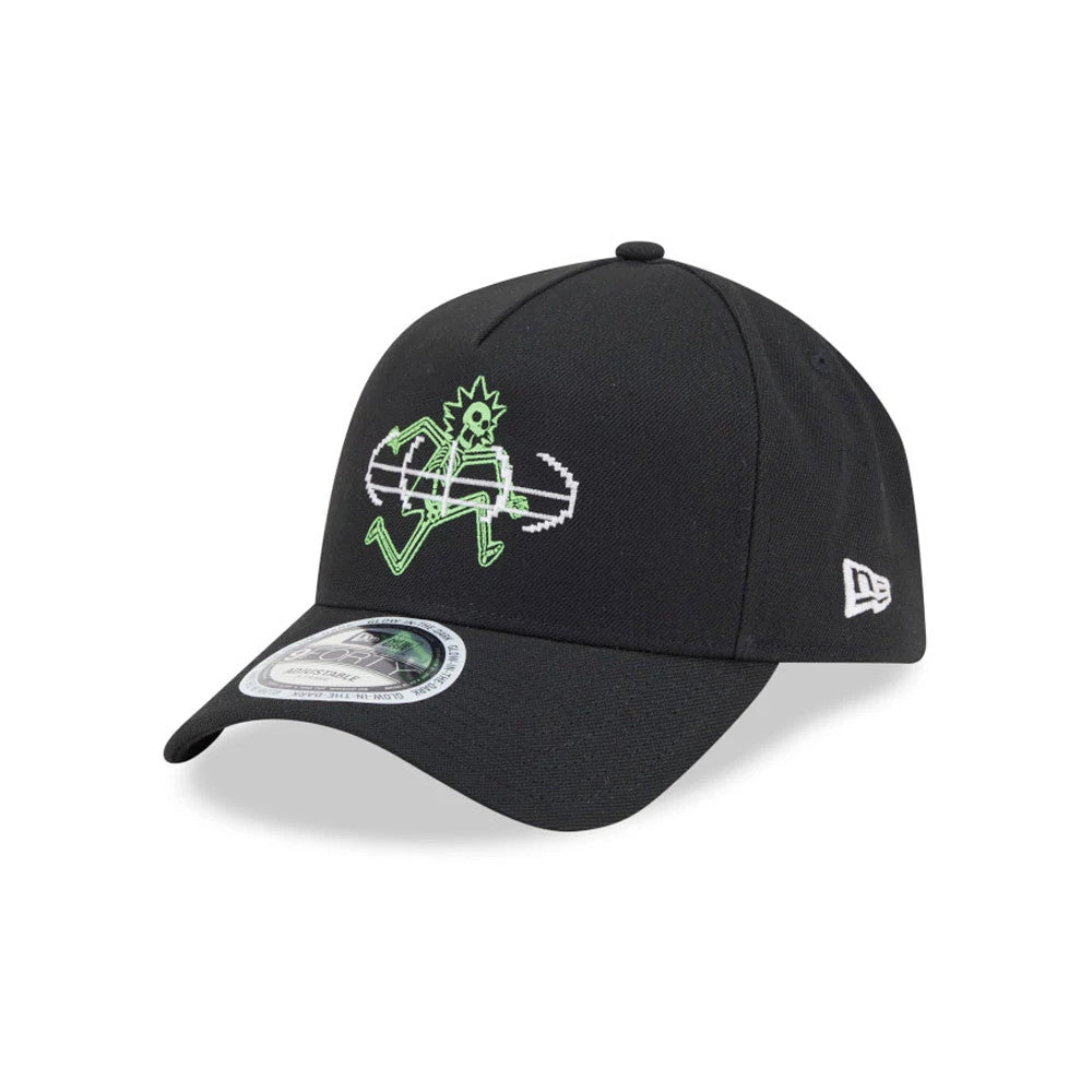 Rick And Morty Glow In The Dark Black New Era 9FORTY A-Frame Adjustable Cap, front view showing a green glow-in-the-dark graphic embroidered on the front panel, with a New Era flag logo on the left side and a 9FORTY size sticker on the visor.