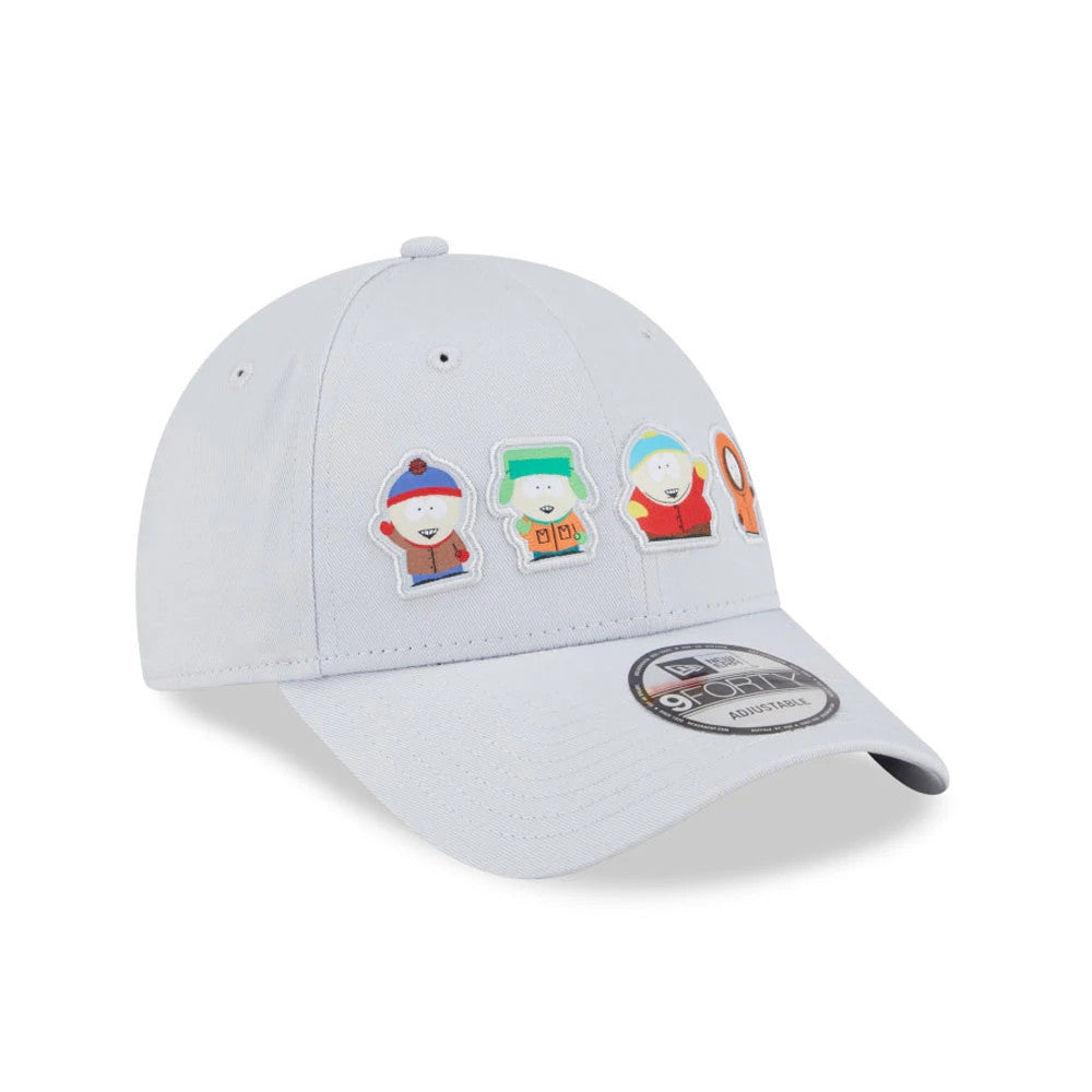 South Park Grey New Era 9FORTY Adjustable Cap, front view showing embroidered character patches from the series on the front panel, with a curved visor and a 9FORTY size sticker on top.