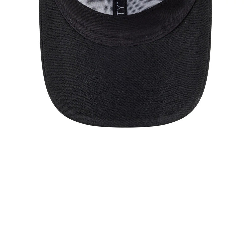 Rick And Morty Glow In The Dark Black New Era 9FORTY Adjustable Cap, inside view showing the black sweatband and dark undervisor, with white taping featuring branding text running across the crown.
