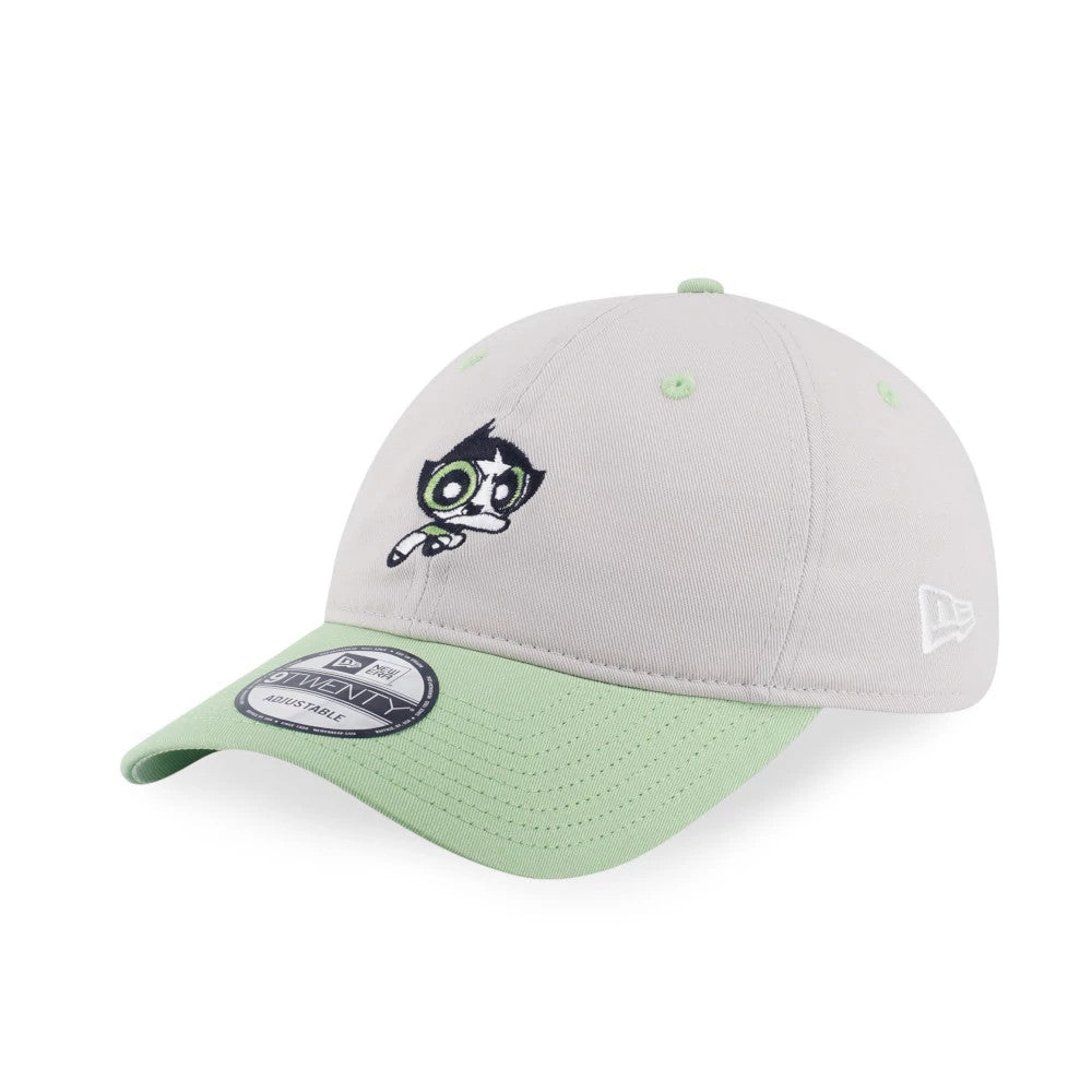 Powerpuff Girls Buttercup Grey & Green New Era 9TWENTY Adjustable Cap, three-quarter view showing Buttercup character embroidered on the front panel, light green visor, and white New Era flag logo on the left side.