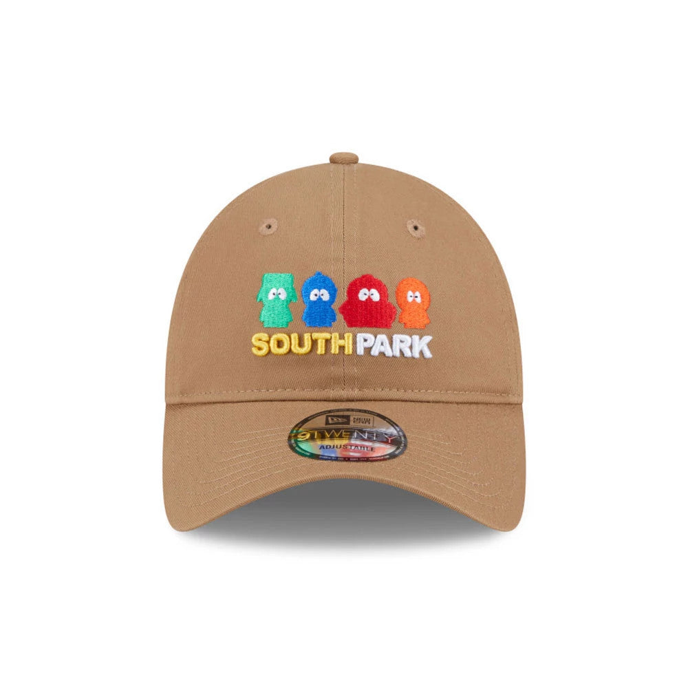 South Park Brown New Era 9TWENTY Adjustable Cap, front view with multicoloured embroidered South Park characters and text on the crown, featuring a slightly curved visor and a 9TWENTY size sticker on top.
