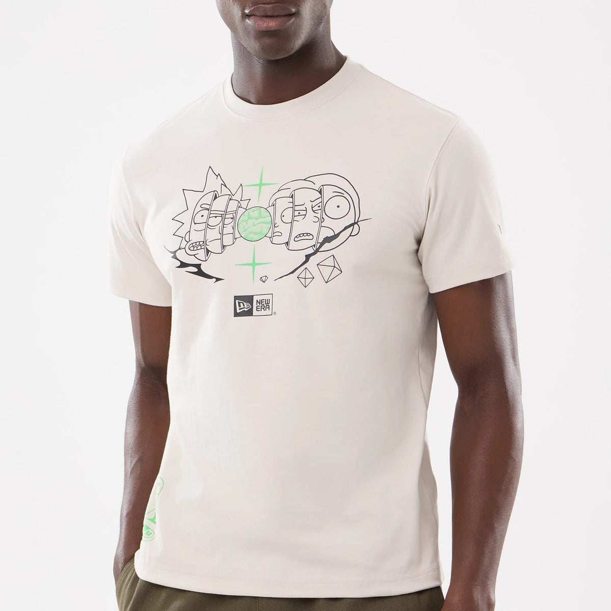 The model is wearing this Rick And Morty Character Stack T-Shirt in cream. 4