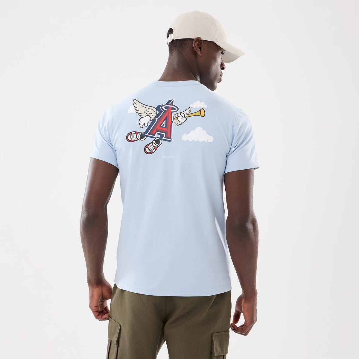 The model is wearing this MLB Cartoon LA Angels T-Shirt in blue. 2