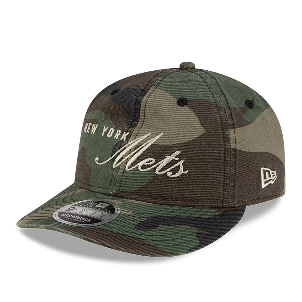 New York Mets Thisisneverthat X MLB Woodland Camo Retro Crown New Era 9FIFTY Cap, three-quarter view showing raised white script embroidery on the front panel, camo pattern across the crown and visor, and 9FIFTY size sticker on the flat visor.