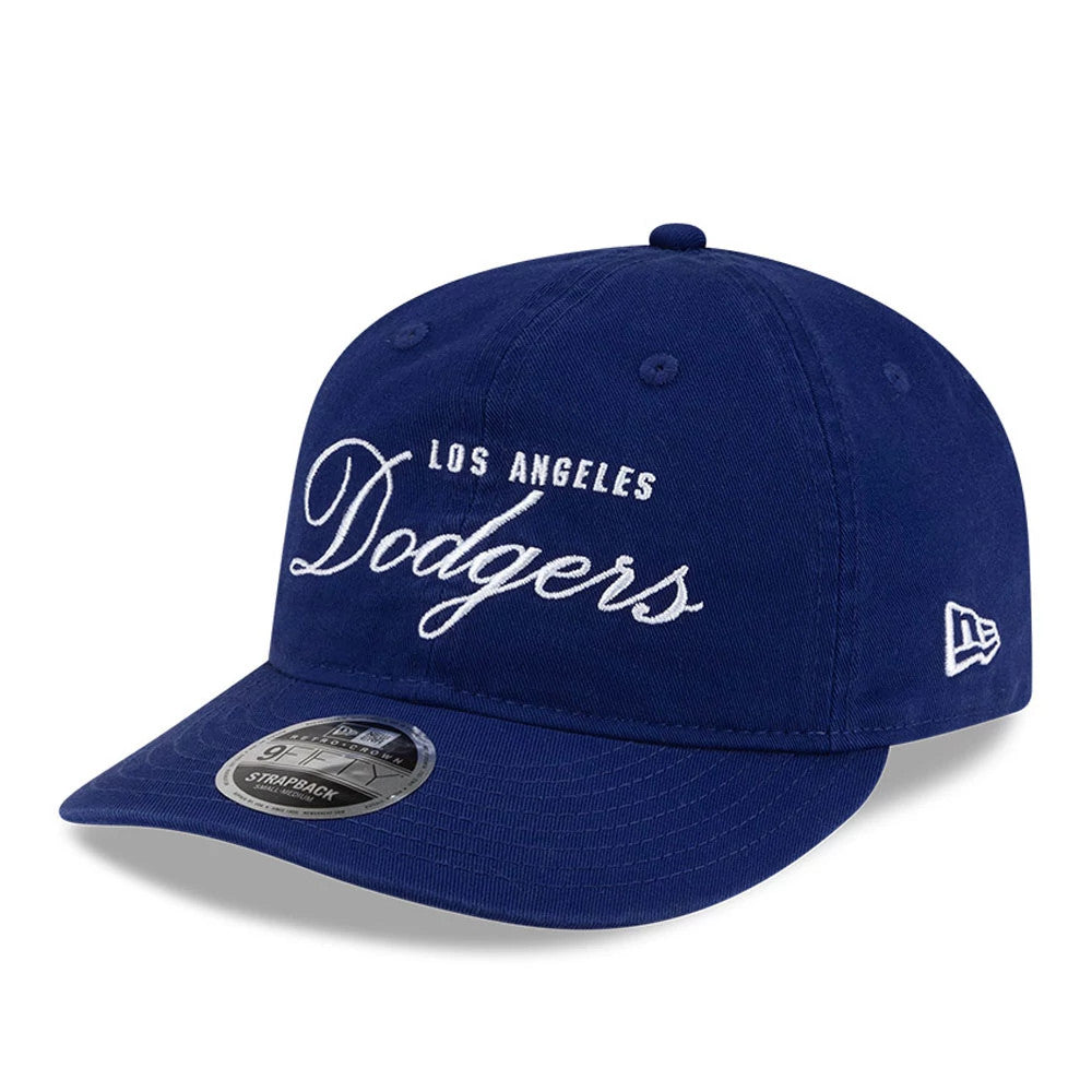 LA Dodgers Thisisneverthat X MLB Dark Blue Retro Crown New Era 9FIFTY Adjustable Cap, front view showing white Los Angeles Dodgers script embroidery on dark blue crown, curved visor with 9FIFTY size sticker, and New Era flag logo on left side.