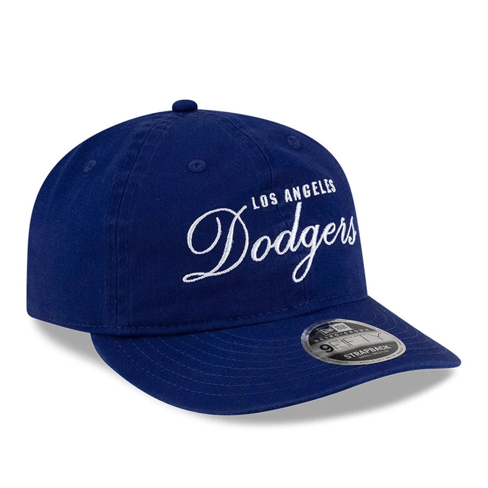 LA Dodgers Thisisneverthat X MLB Dark Blue Retro Crown New Era 9FIFTY Adjustable Cap, three-quarter view showing white Los Angeles Dodgers script logo embroidered on the front panel, dark blue visor with a 9FIFTY size sticker on top.