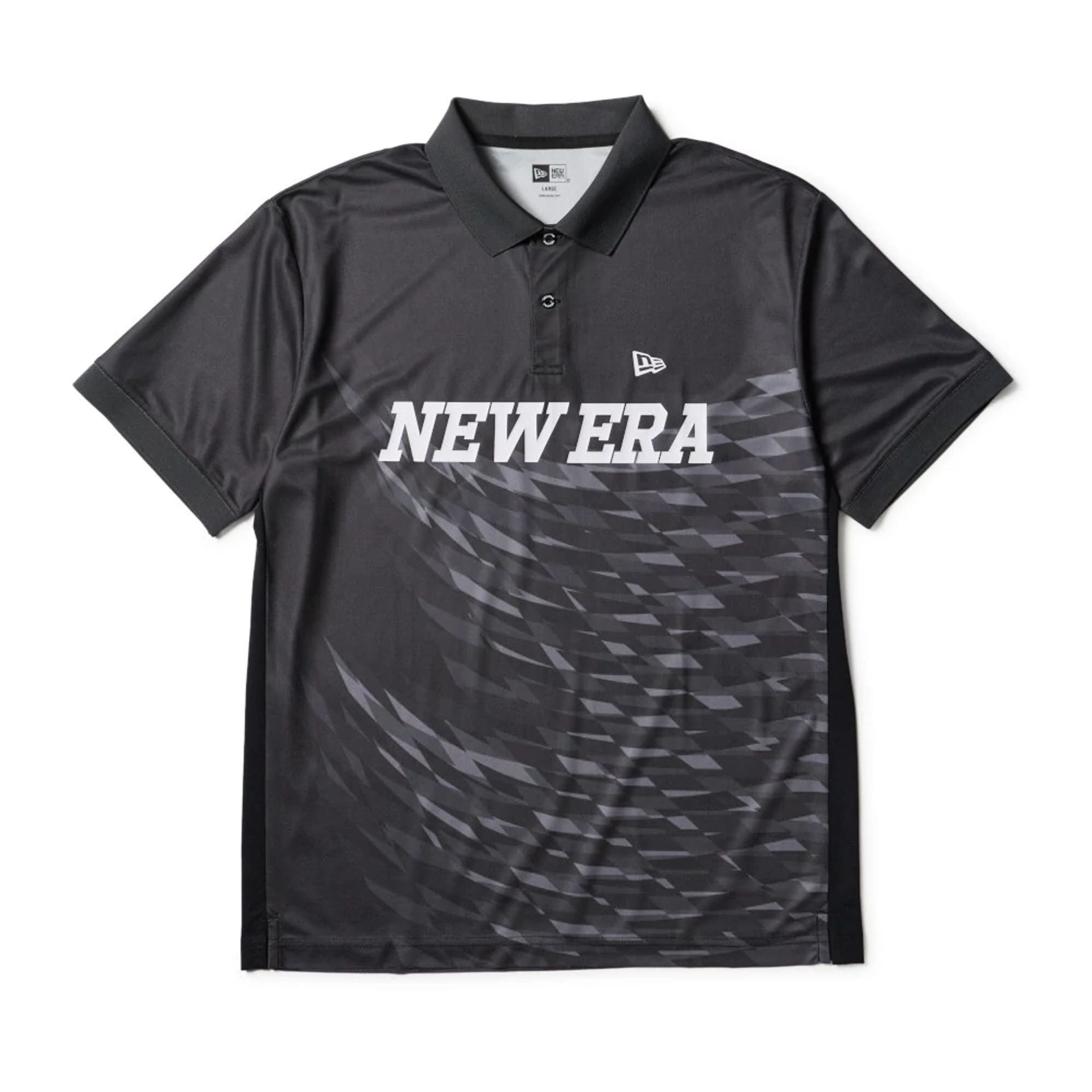 The model is wearing this New Era Grid Polo T-Shirt in black. 1