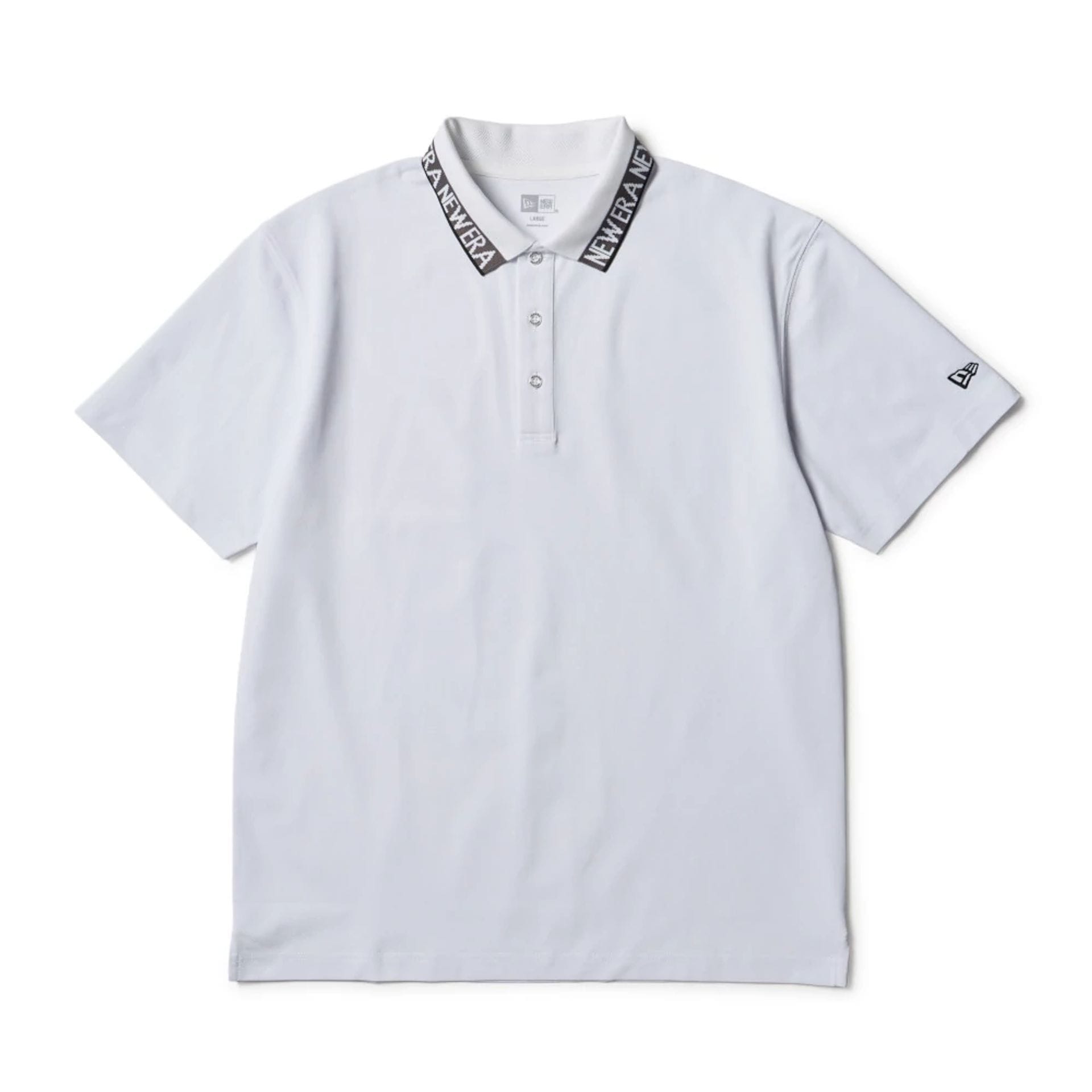 The model is wearing this New Era Kanoko Polo T-Shirt in white. 1