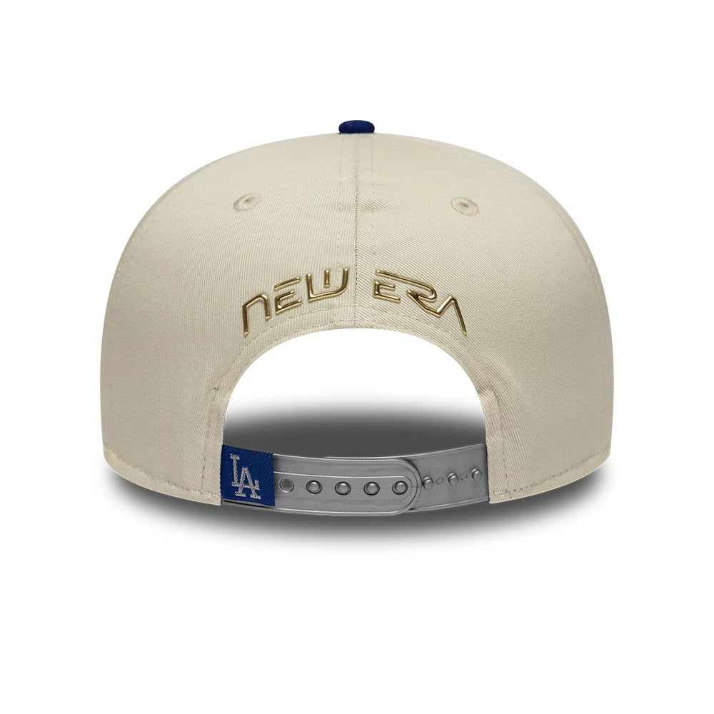 LA Dodgers Hajime Sorayama X MLB Cream Retro Crown New Era 9FIFTY Adjustable Cap, rear view showing gold embroidered New Era lettering on the back panel above the LA logo on the blue strap and grey adjustable snap closure.