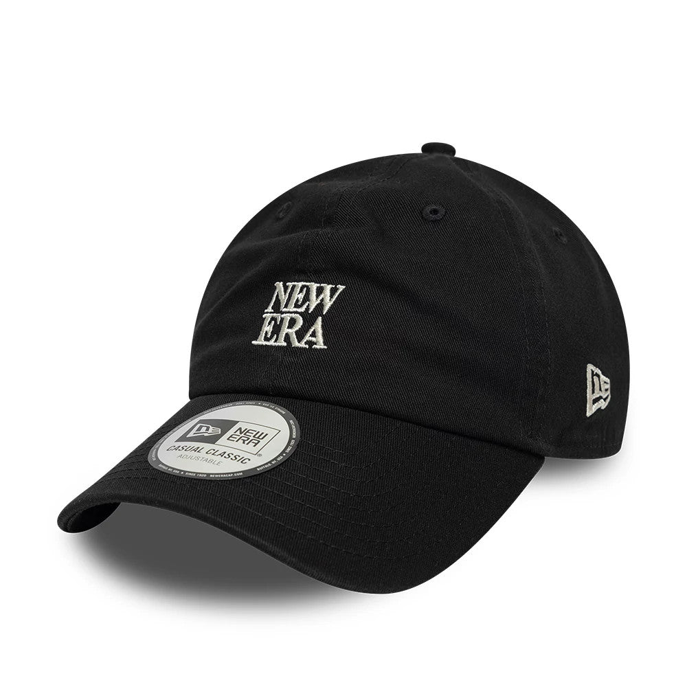 New Era Square Logo Black Casual Classic Adjustable Cap, front view showing cream New Era embroidery on the front panel, a rounded visor with a Casual Classic sticker, and an embroidered New Era flag logo on the left side.
