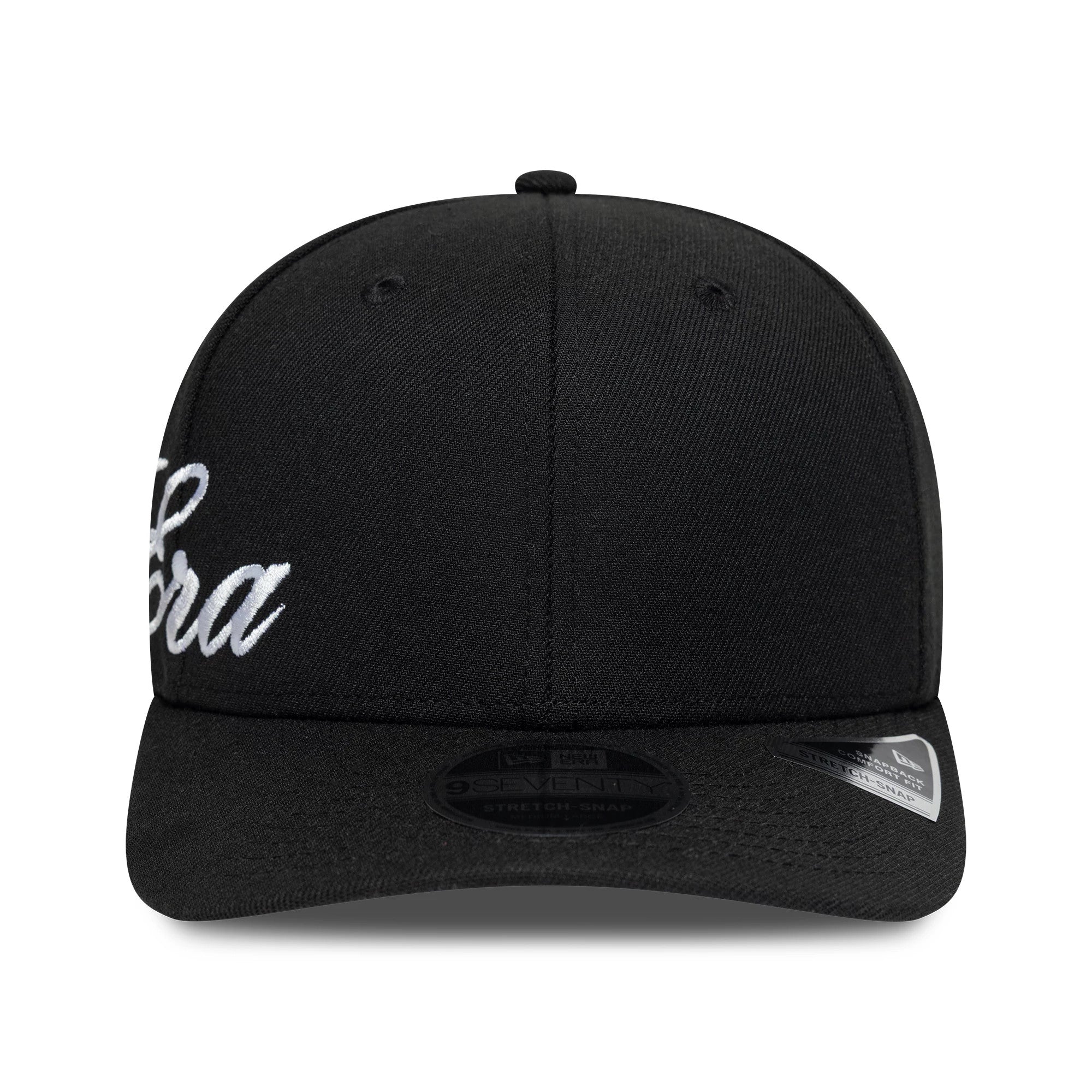 Pictured is this New Era Big Script 9SEVENTY Stretch Snap cap in black. 2