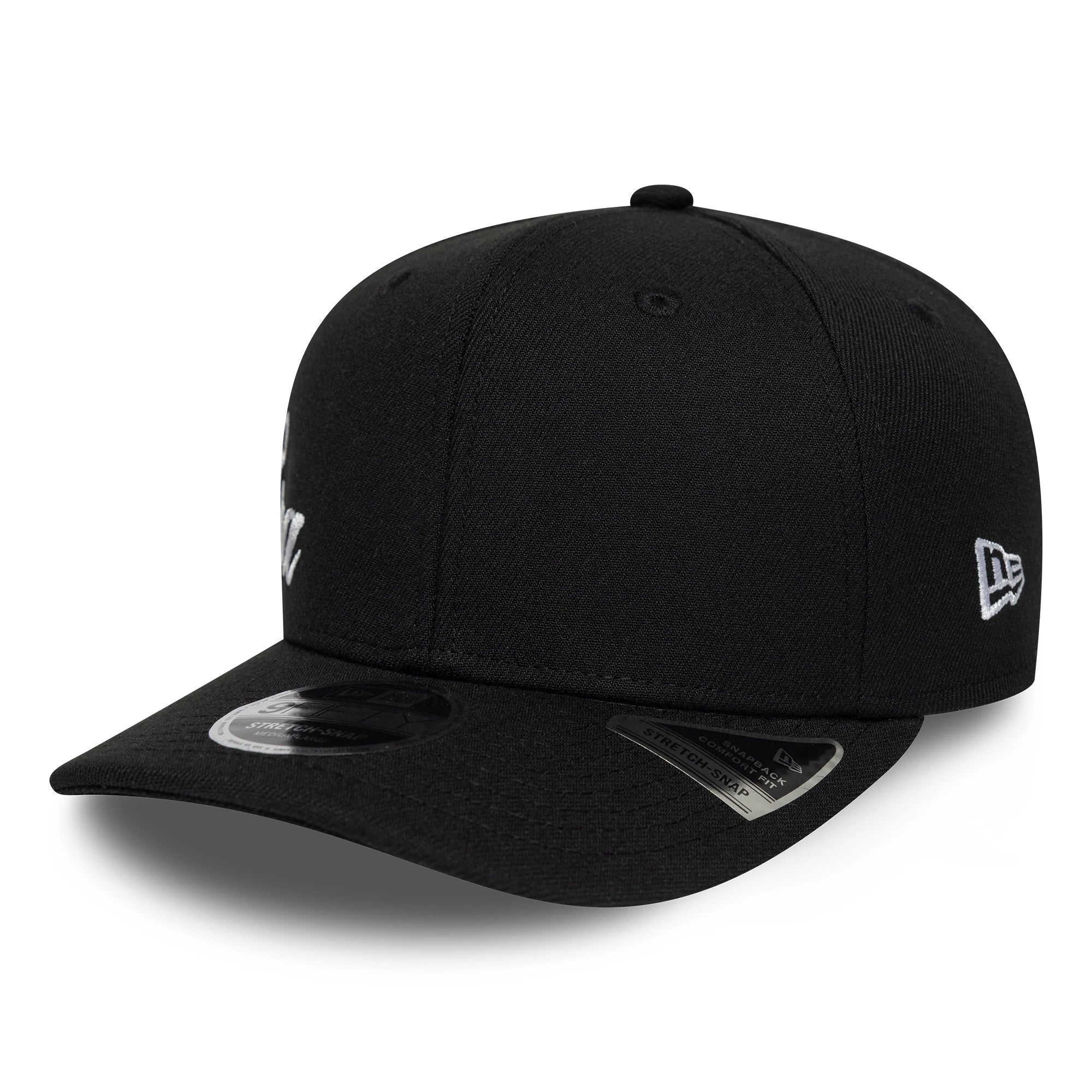 Pictured is this New Era Big Script 9FIFTY Stretch Snap cap in black. 3