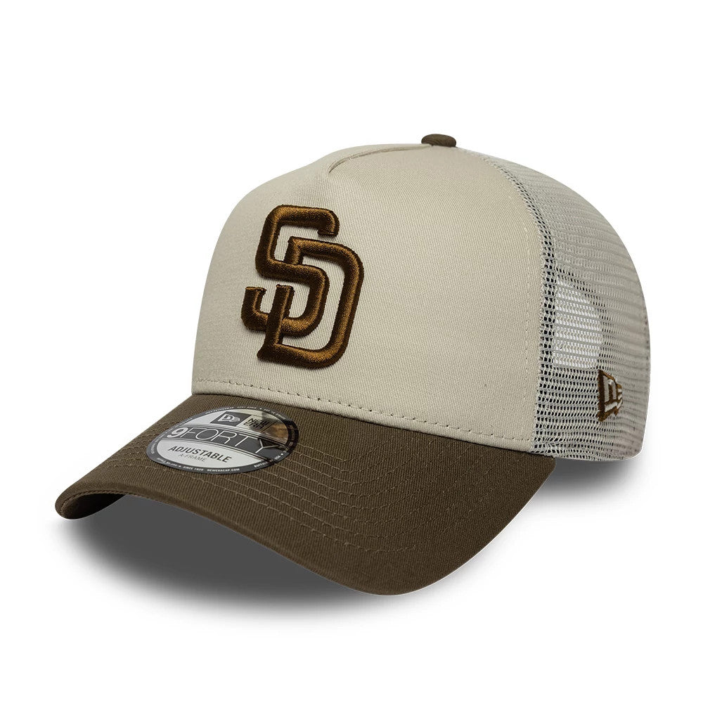 Pictured is this MLB Patch San Diego Padres 9FORTY A-Frame Trucker cap in light beige & brown. 3