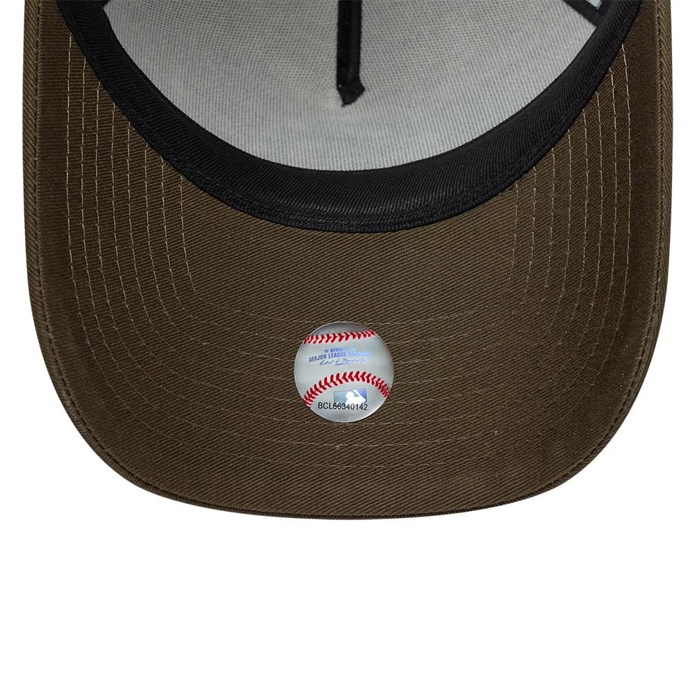 Pictured is this MLB Patch San Diego Padres 9FORTY A-Frame Trucker cap in light beige. 7