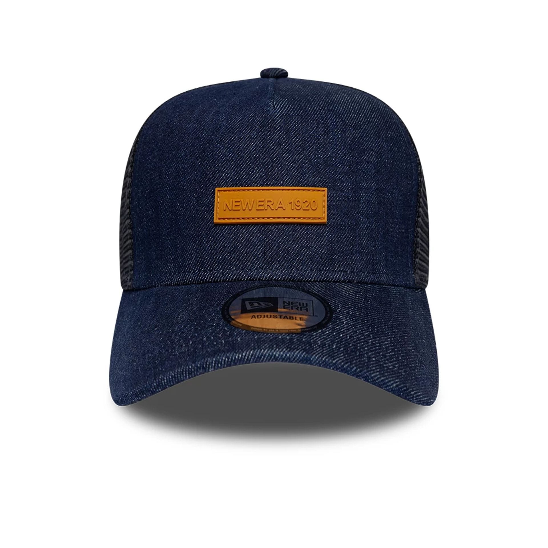 Pictured is this New Era Denim 9FORTY A-Frame Trucker cap in navy. 2