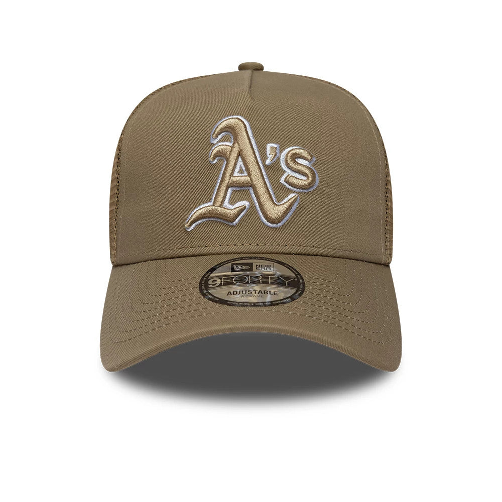 Pictured is this MLB Patch Athletics 9FORTY A-Frame Trucker cap in dark green. 2