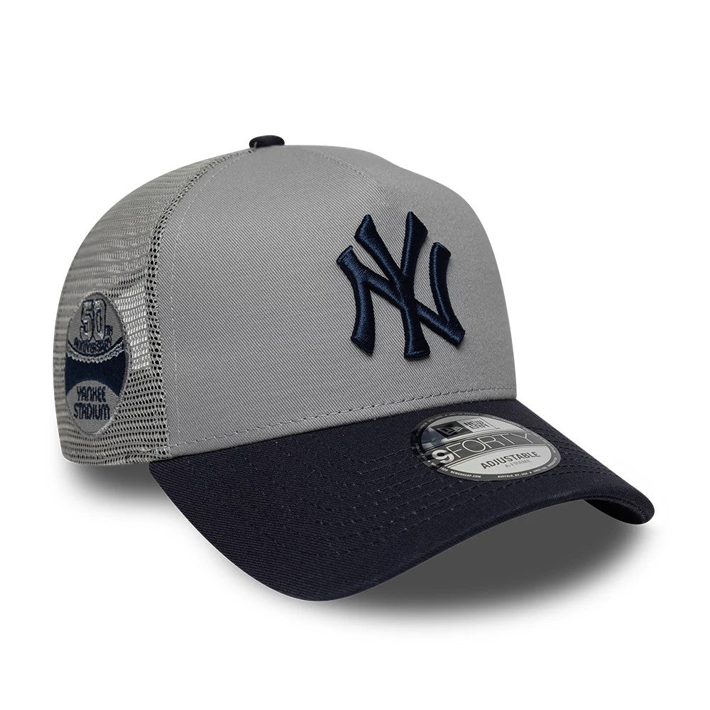 Pictured is this MLB Patch New York Yankees 9FORTY A-Frame Trucker cap in grey. 1