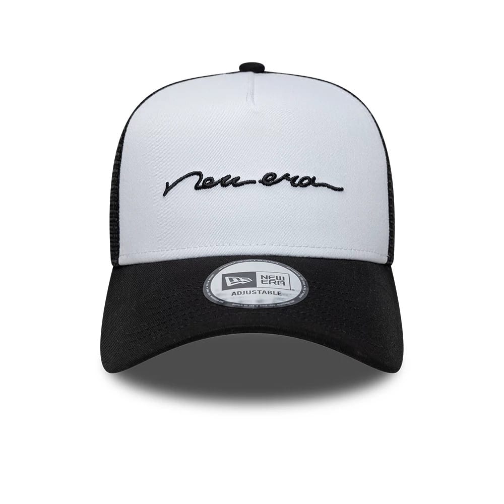 Pictured is this New Era Handwritten 9FORTY A-Frame Trucker cap in white. 2