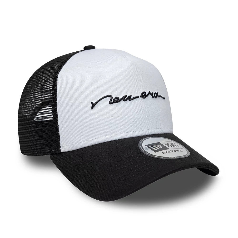 Pictured is this New Era Handwritten 9FORTY A-Frame Trucker cap in white & black. 3