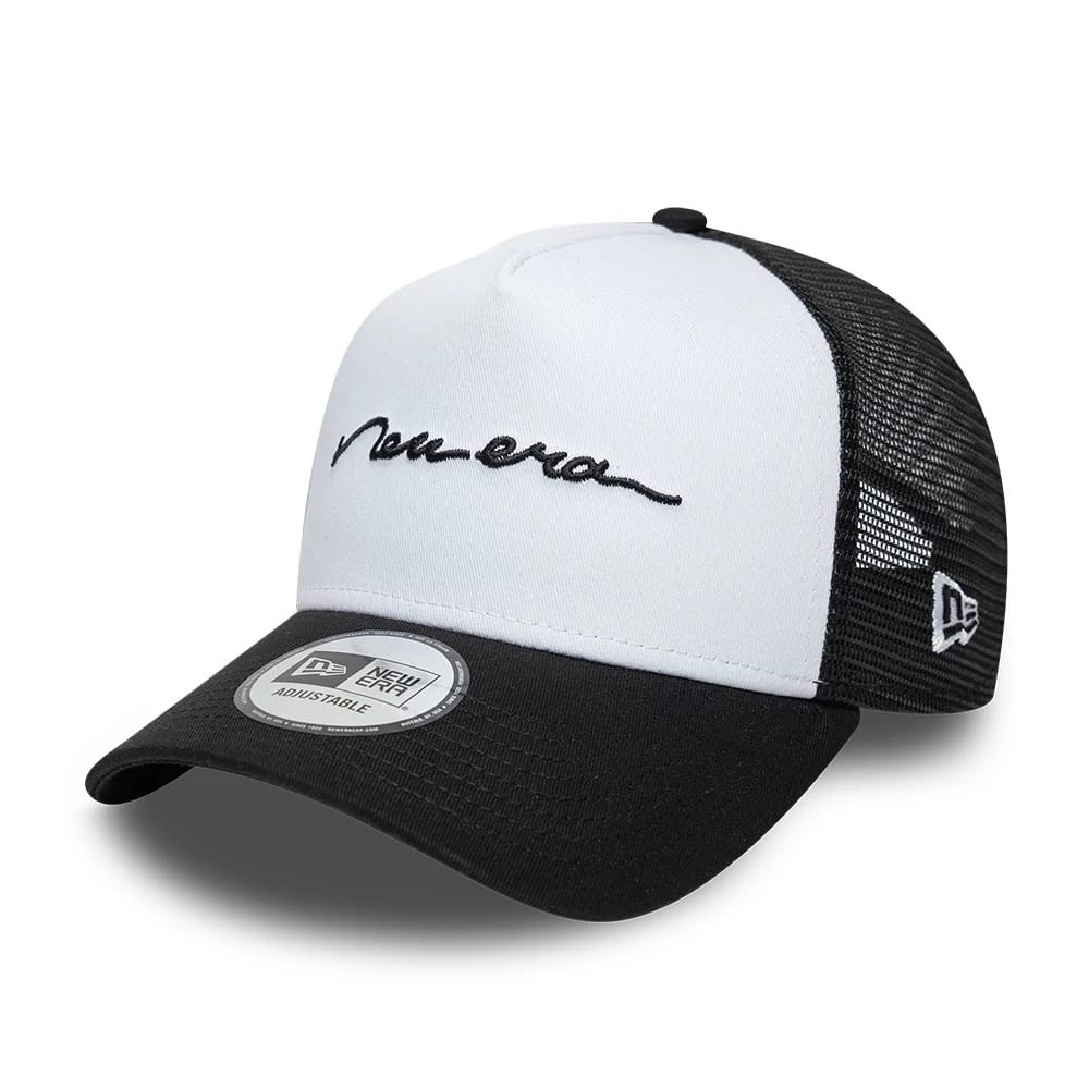 Pictured is this New Era Handwritten 9FORTY A-Frame Trucker cap in white. 1