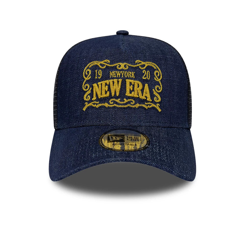 New Era Frame Logo Navy New Era 9FORTY A-Frame Trucker Adjustable Cap, front view showing the gold embroidered frame logo and script on the structured navy crown, with a 9FORTY size sticker on the navy visor.