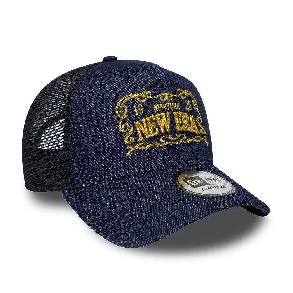 Pictured is this New Era Frame Logo 9FORTY A-Frame Trucker cap in navy. 3