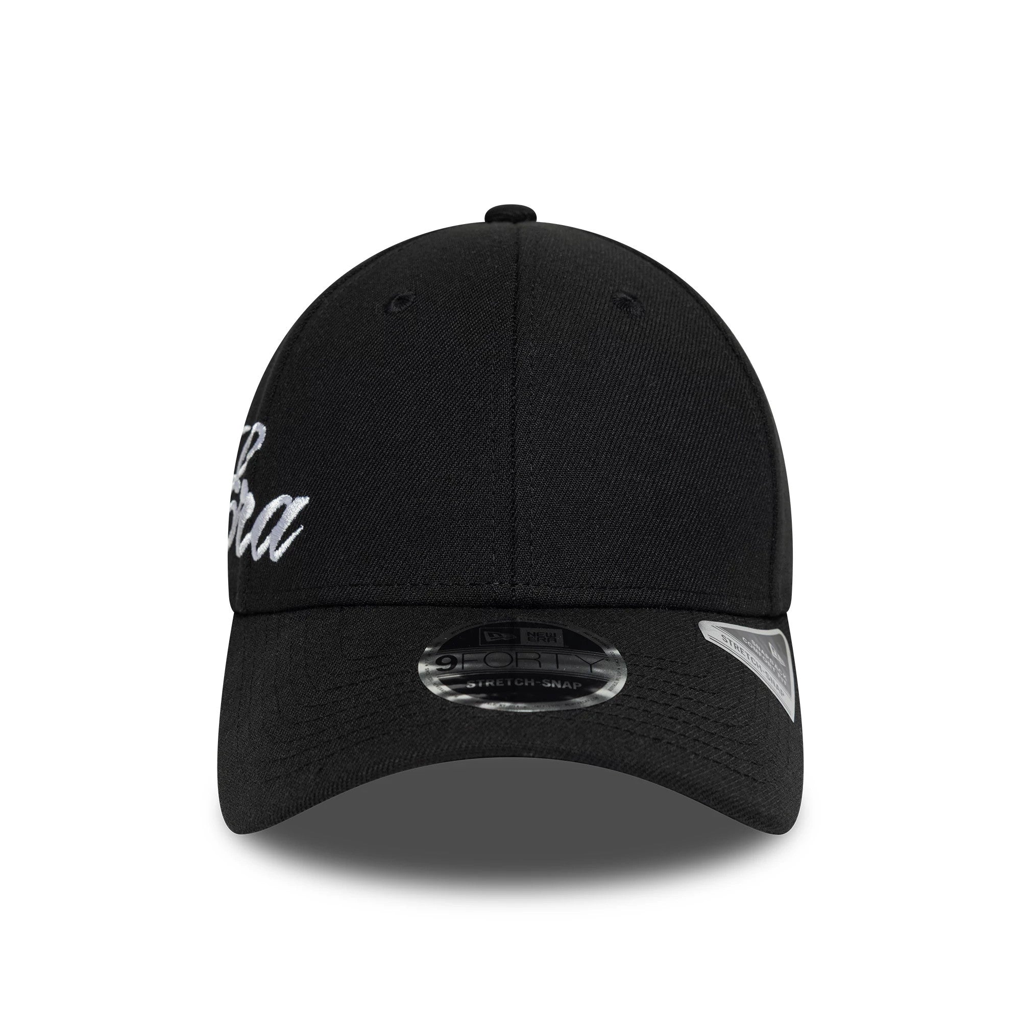 Pictured is this New Era Big Script 9FORTY Stretch Snap cap in black. 2