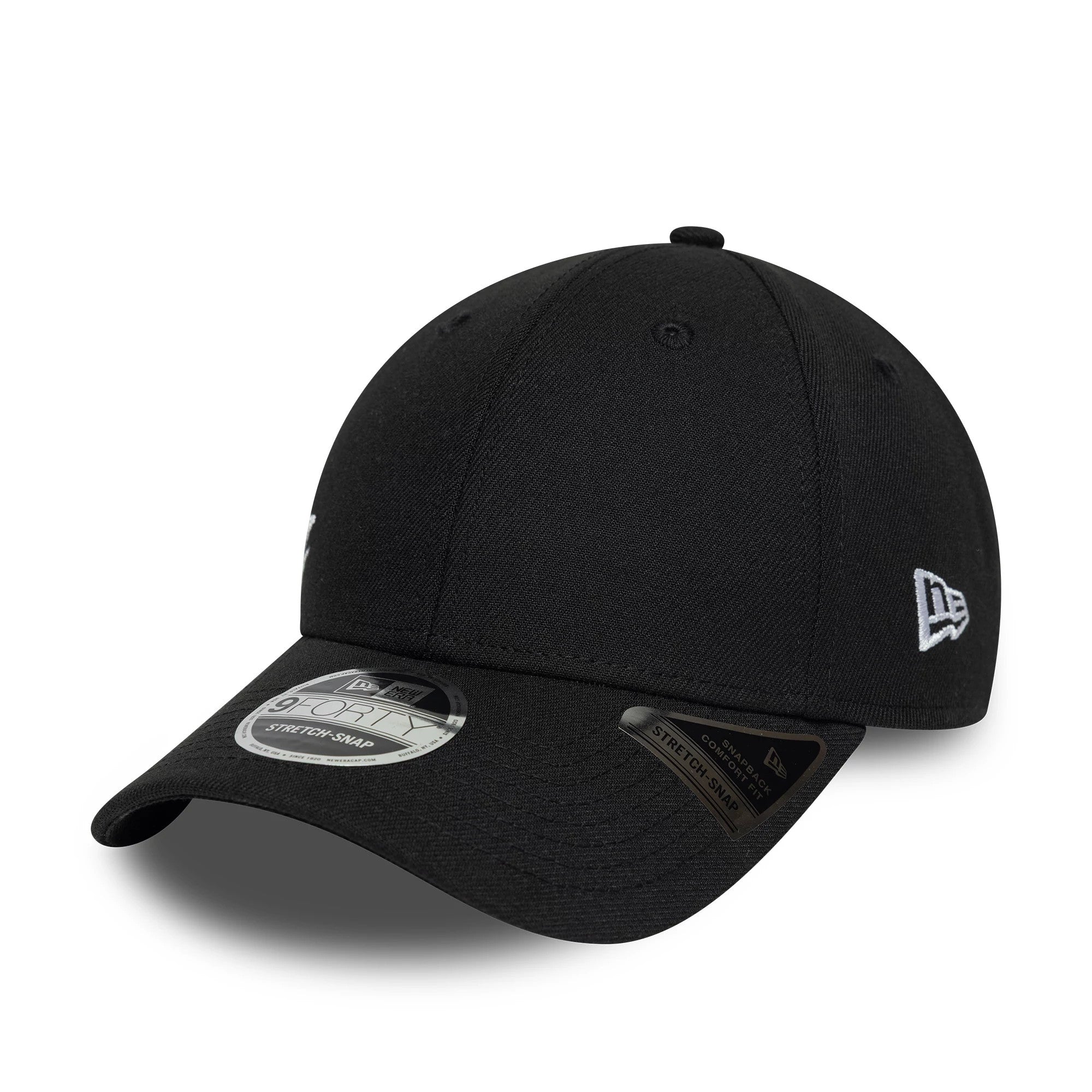 Pictured is this New Era Big Script 9FORTY Stretch Snap cap in black. 1