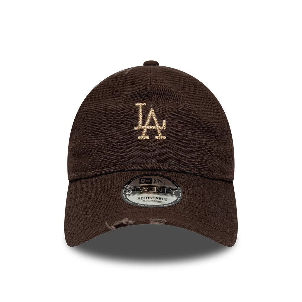 LA Dodgers MLB Distressed Dark Brown New Era 9TWENTY Adjustable Cap, front view showing beige LA logo in raised embroidery on the front panel and the 9TWENTY size sticker on the slightly distressed visor.
