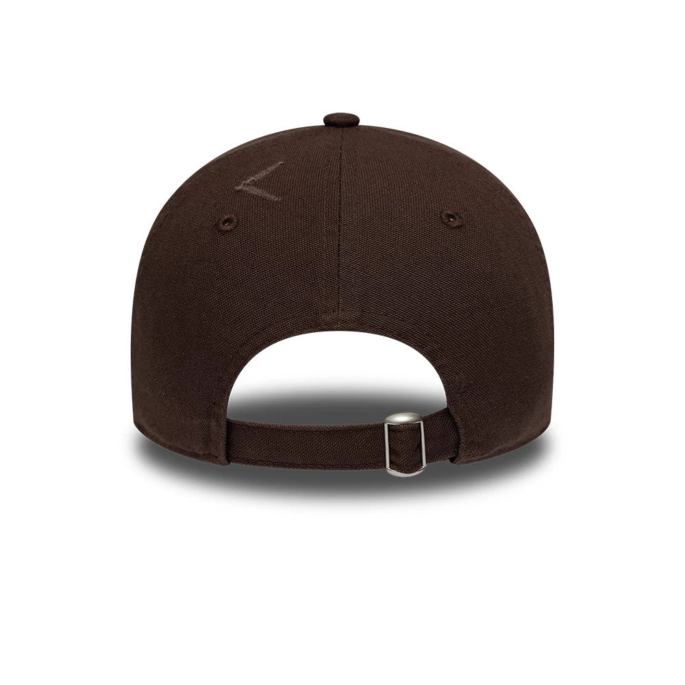 LA Dodgers MLB Distressed Dark Brown New Era 9TWENTY Adjustable Cap, rear view with an adjustable strap and metal buckle, highlighting the distressed dark brown fabric and low-profile crown design.
