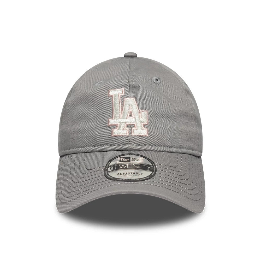 LA Dodgers MLB Sakura Nagashi Grey New Era 9TWENTY Adjustable Cap, front view showing the pink-outlined white raised LA logo on the structured grey crown with matching grey visor and a 9TWENTY size sticker.