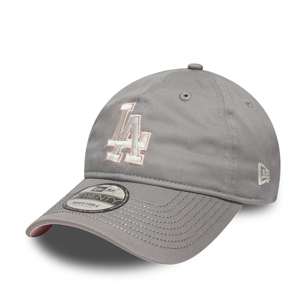 LA Dodgers MLB Sakura Nagashi Grey New Era 9TWENTY Adjustable Cap, three-quarter view showing a white embroidered LA logo on the front panel, grey curved visor with 9TWENTY size sticker, and New Era flag logo on the left side.