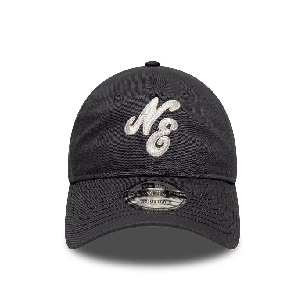 New Era Sakura Nagashi Dark Grey New Era 9TWENTY Adjustable Cap, front view showing raised white embroidered NE logo on the front panel and a 9TWENTY size sticker on the curved visor with a black top button.